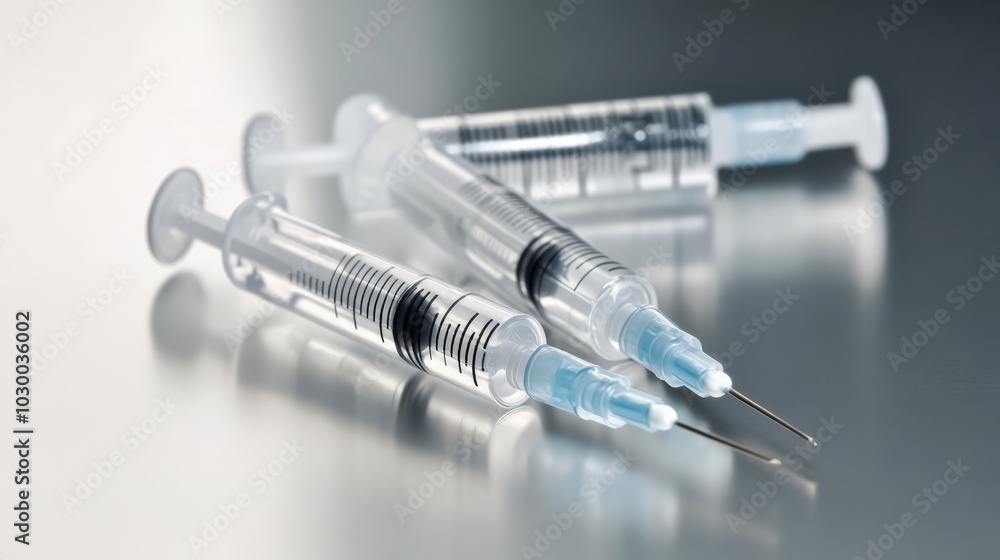 Wall mural Three Medical Syringes on a Reflective Surface: A close-up photograph of three sterile syringes laid out on a gleaming surface, capturing the precision and clinical nature of medical instruments.