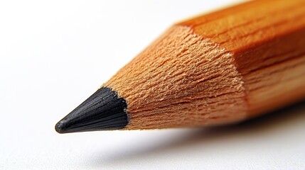 A cropped wooden brown pencil on a white background is shown in close-up.