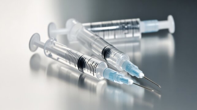 Three Medical Syringes on a Reflective Surface: A close-up photograph of three sterile syringes laid out on a gleaming surface, capturing the precision and clinical nature of medical instruments.