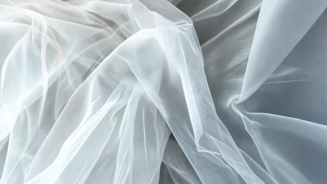 White tulle fabric drapes softly, creating a delicate and ethereal texture