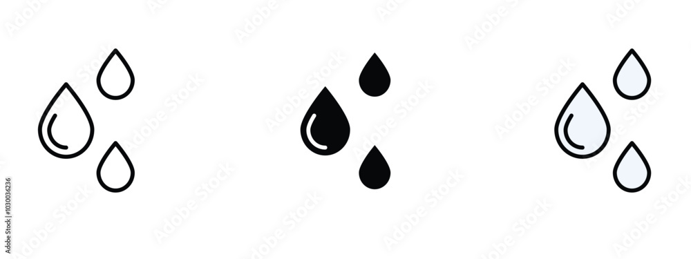 Poster raindrops icon in outline, silhouette and editable colors in unexpandable vector form, set of three 
