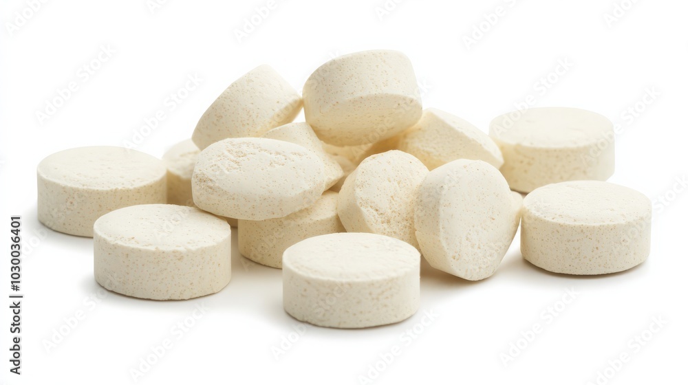 Poster white round pills: a close-up image of round white pills, capturing their smooth texture and uniform