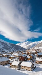 Snow covered village under deep blue sky background for invitation or card screensaver