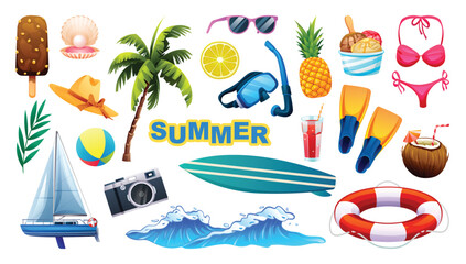 Summer vacation elements with ice cream, palm tree, camera, and ocean waves. Vector cartoon illustration © YG Studio