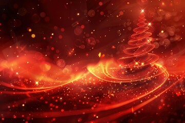 Red abstract Christmas background with snowflakes, bokeh, and glowing light