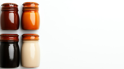 Colorful jars of sauces, white isolate background