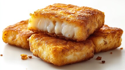 Golden crispy fried fish fingers are isolated on a white background in close-up.