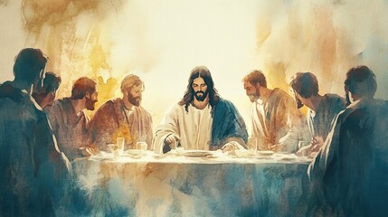 A solemn watercolor painting of Jesus Christ at the Last Supper, with soft, glowing light washing over the scene and the apostles gathered around Him.