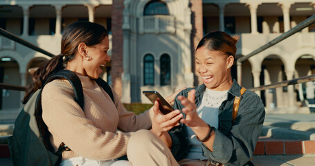 Phone, college and laughing with friends on campus for social media, gen z app and network. Study, education and school with people excited for news, connection and online university portal