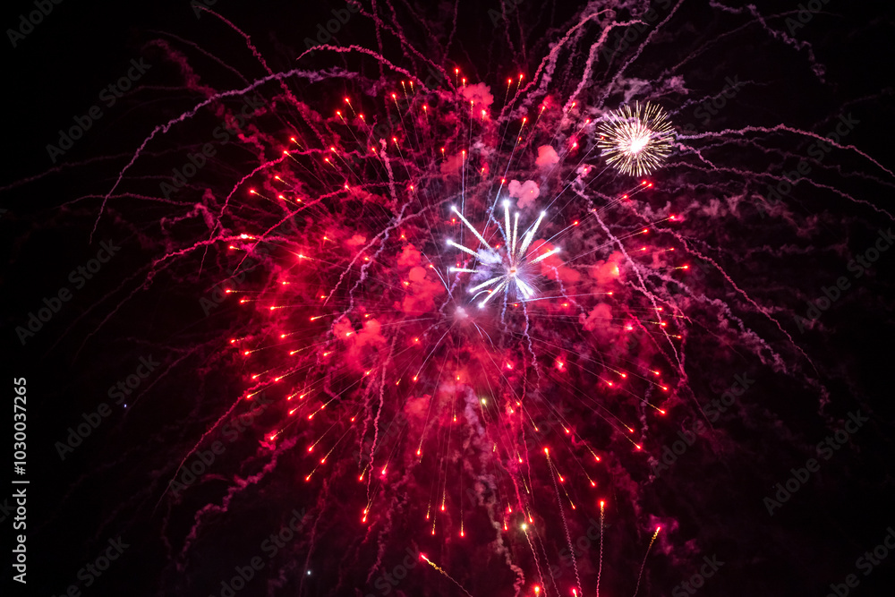 Wall mural beautiful red fireworks sparkle in the sky. selective focus.