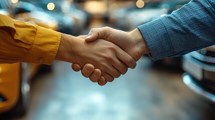 After finalizing a new car deal, salespeople and a customer shake hands in close-up.