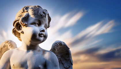 statue d'un beau angelot, chérubin ailé, sur fond flou avec joli ciel divin
