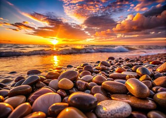 Golden sunset casts a warm glow on dry pebbles, creating a serene beach panorama. The peaceful shoreline invites reflection and relaxation in this tranquil moment.