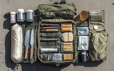 An open survival kit backpack showcasing various essential items for emergencies, including food rations, a multi-tool, and a sleeping bag, arranged neatly for easy access 