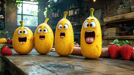 A 3D animated illustration of a banana, stalker, sausage party, pear, and strawberry.