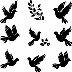 Obraz premium Peace dove graffiti, pigeons, twigs ink illustration. Flying birds silhouettes monochrome flat icons