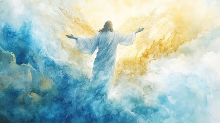 Fototapeta premium Jesus rising into the heavens, painted in soft, flowing watercolor shades of blue and gold, capturing the divine moment of His resurrection.