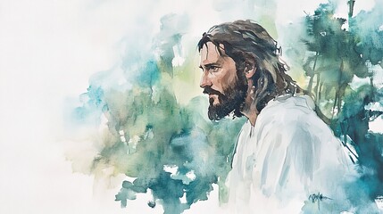 Jesus in the wilderness, painted with soft watercolor tones, the landscape blending into the background, highlighting His contemplative expression.