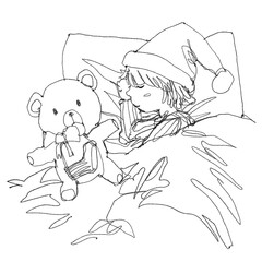 An imaginary illustration of little girl wearing a Santa hat sleeping with a teddy bear, contour drawing for graphic design.