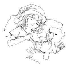 An imaginary illustration of little girl wearing a Santa hat sleeping with a teddy bear, contour drawing for graphic design.
