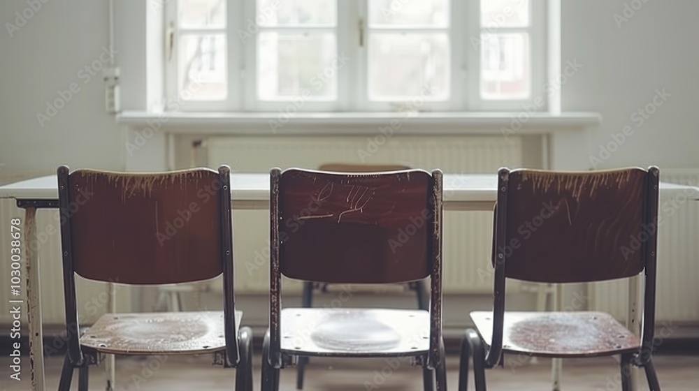 Poster three empty chairs facing a window in a room