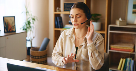 Remote work from home, laptop and woman with headphones, virtual meeting and conversation. Person,...