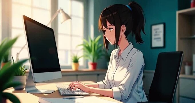 Create an anime-style video of a woman sitting and working in an office comic, cartoon. The camera is fixed on her as she focuses on her tasks. She occasionally blinks naturally while working. 