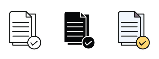 Accept document icon in outline, silhouette and editable colors in unexpandable vector form, accept document icons