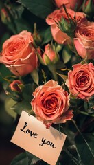 Romantic rose bouquet with handwritten  i love you  note for a perfect valentine s day postcard