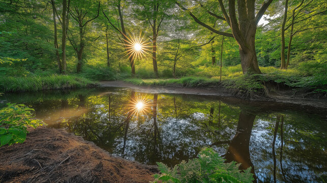 Sunbeams reflecting on pond in green forest.