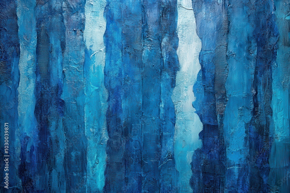 Poster intricate designs in shades of blue creating a layered vertical background motif