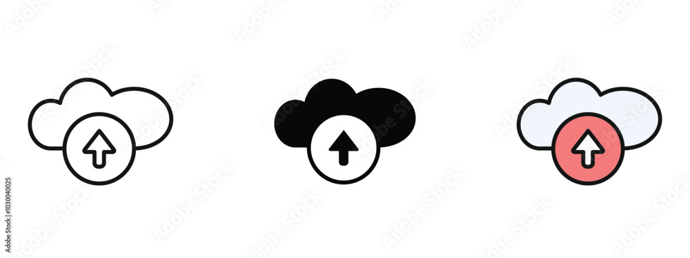 Aufkleber cloud upload icon in outline, silhouette and editable colors in unexpandable vector form, set of clo
