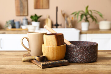 Clean dishes on table in kitchen, closeup