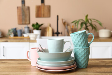 Beautiful dishes on table in kitchen, closeup