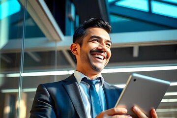 Fototapeta premium Happy elegant middle aged professional business man financial executive manager using digital tablet. Smiling confident mature businessman holding tab computer technology looking away at copy space