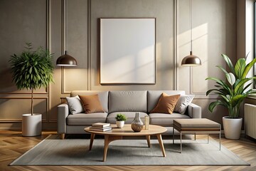 In a contemporary living room, a plush sofa and an empty poster evoke tranquility, all enhanced by soft, ambient low light photography for a warm ambiance.