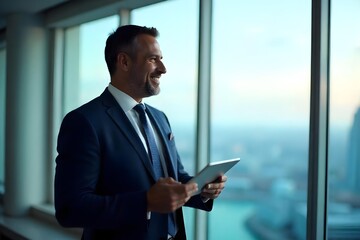 Fototapeta premium Happy elegant middle aged professional business man financial executive manager using digital tablet. Smiling confident mature businessman holding tab computer technology looking away at copy space