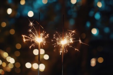 Fototapeta premium Two radiant sparklers illuminated by a soft night sky, ideal for an intimate event. This decorative display fosters a joyful ambiance brimming with magical illumination
