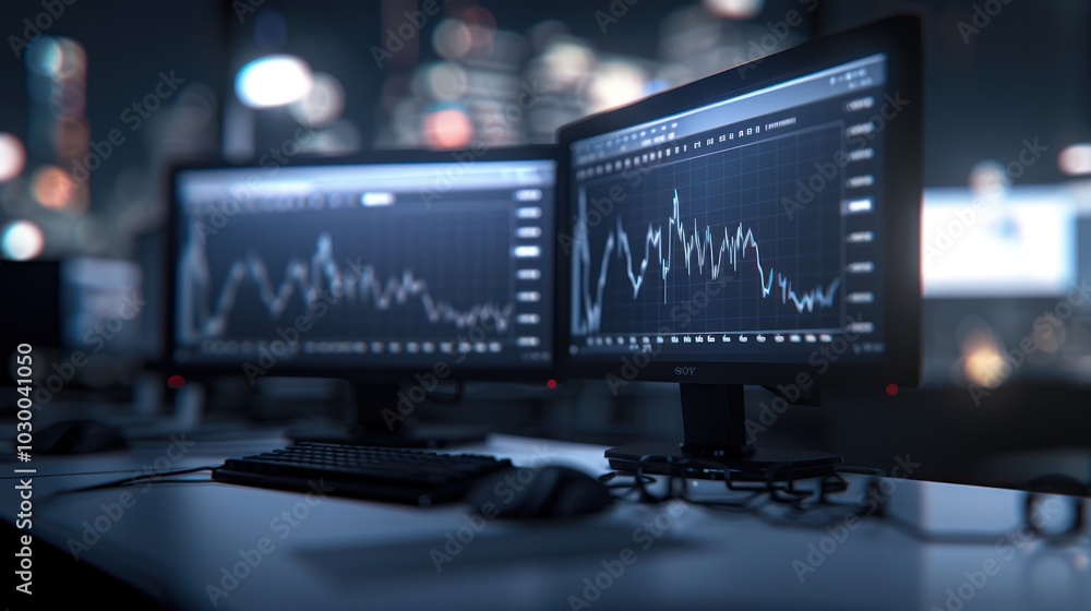 Poster two computer monitors displaying stock market data on a desk