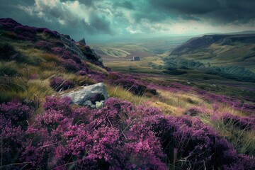 Obraz premium Moorland or Moor, Wuthering Heights, Heather Fields and Hills, Castle on Mountains, Copy Space