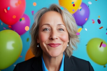a middle-aged woman in business clothes celebrating her last day of work, big bright balloons, confetti and cake are seen. Photo is taken with studio lighting and colourful backdrops. 