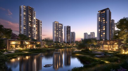 Naklejka premium Modern urban living spaces equipped with smart city technology, energy-saving systems, and customizable interiors, revolutionizing home design for the tech-driven world