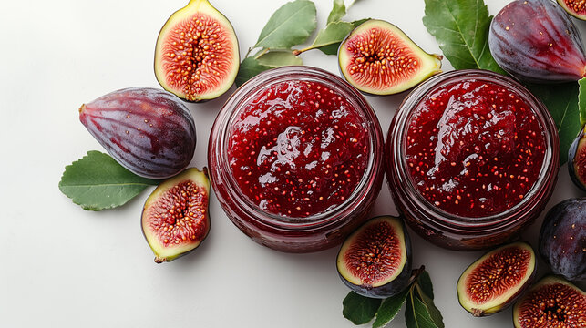 Glass jars with fig jam and fresh fruits on white background, top view