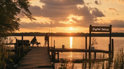 Fototapeta premium A charming lakeside dock at sunset, where a hand-painted sign says text: Digital Detox 