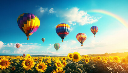 Fototapeta premium Dozens of colorful hot air balloons float above rolling sunflower fields under a bright blue sky, with a rainbow stretching across the horizon and the balloons' reflections shimmering in a nearby lake