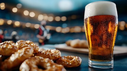 Vibrant Bavarian costumes pretzels and beer steins surrounded by live bands and festive hats in an Oktoberfest tent