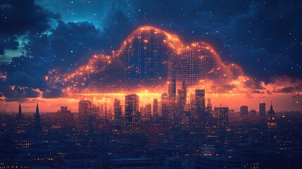 Fototapeta premium A cloud technology banner displays a low poly cityscape and binary code on a dark blue background.