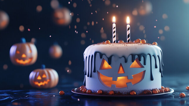 Halloween cake with candle on cark background