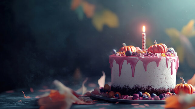 Halloween cake with candle on cark background