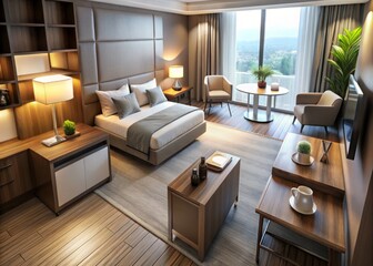 Aerial View of a Cozy Hotel Room Featuring a Mini Refrigerator, Modern Decor, and Comfortable Amenities for Travelers Seeking Convenience and Relaxation